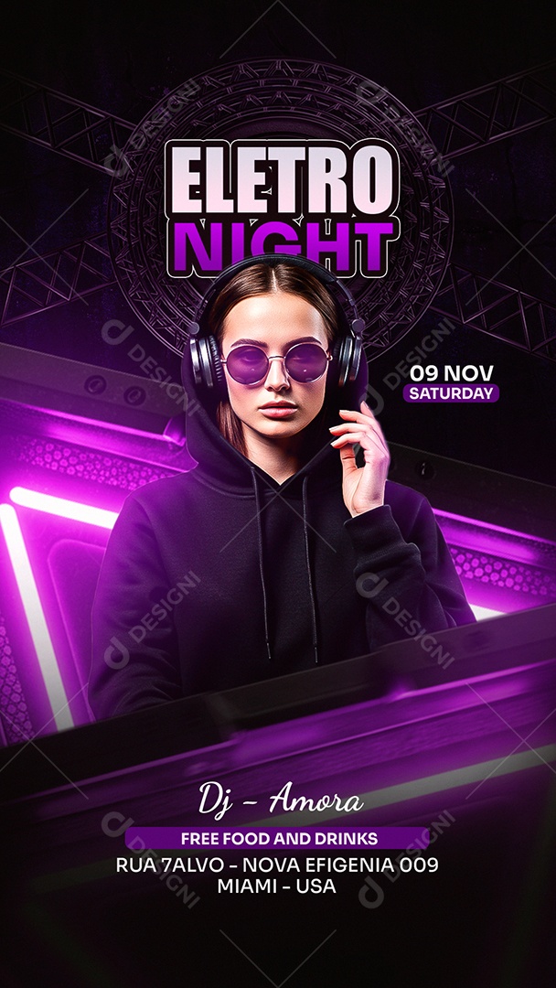 Flyer Story Eletro Night Roxo Social Media PSD Editável