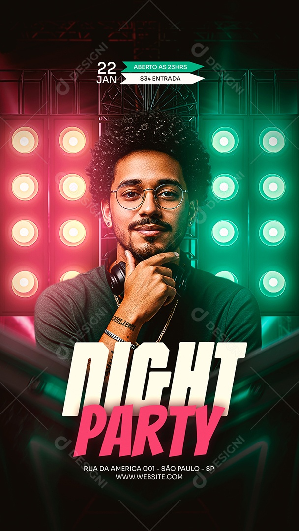 Flyer Story Night Party Verde e Rosa Social Media PSD Editável