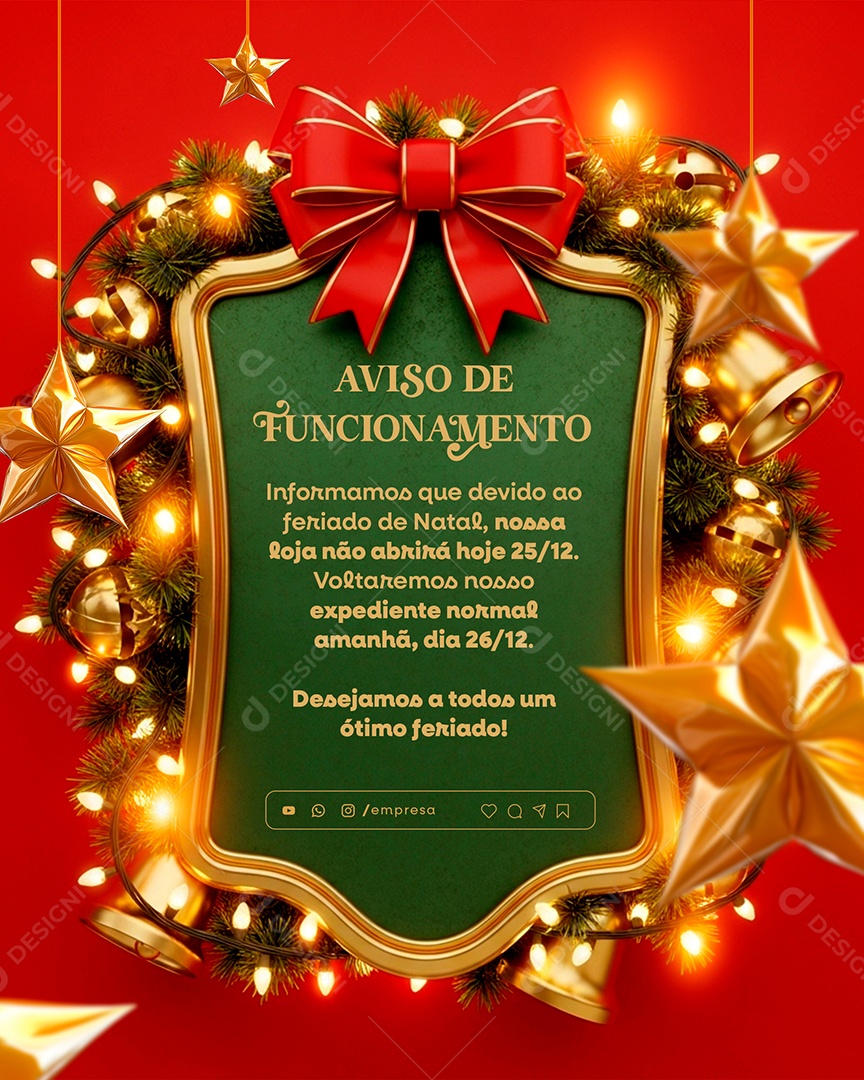 Aviso De Funcionamento De Dezembro Natal Social Media PSD Editável