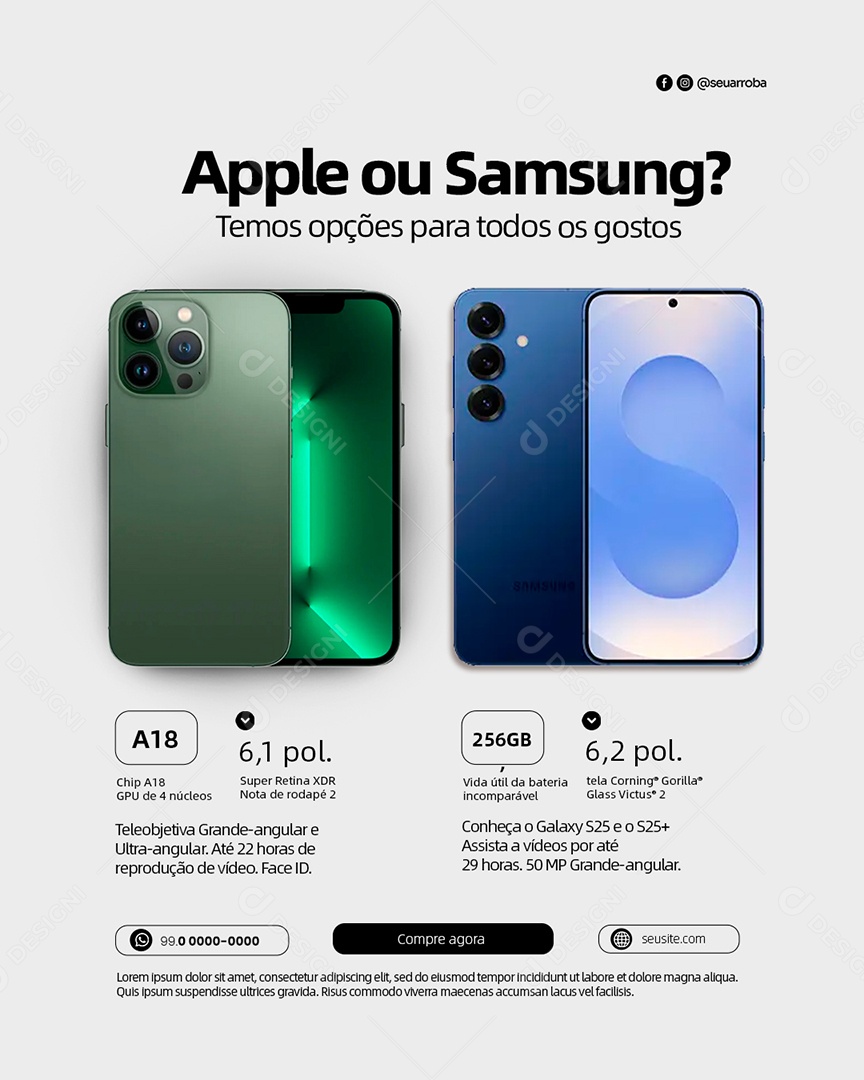 Loja de Celulares Apple ou Samsung Temos Opções para Todos Os Gostos Social Media PSD Editável