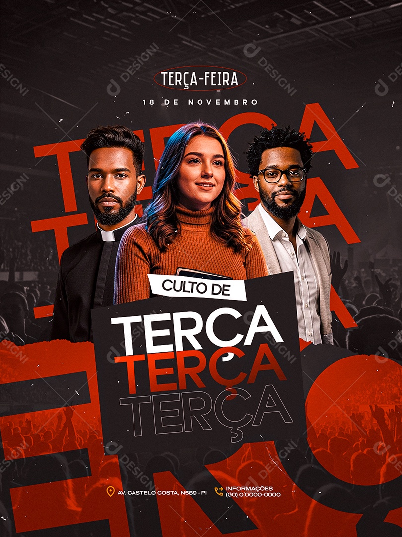 Flyer Gospel Culto de Terça Social Media PSD Editável