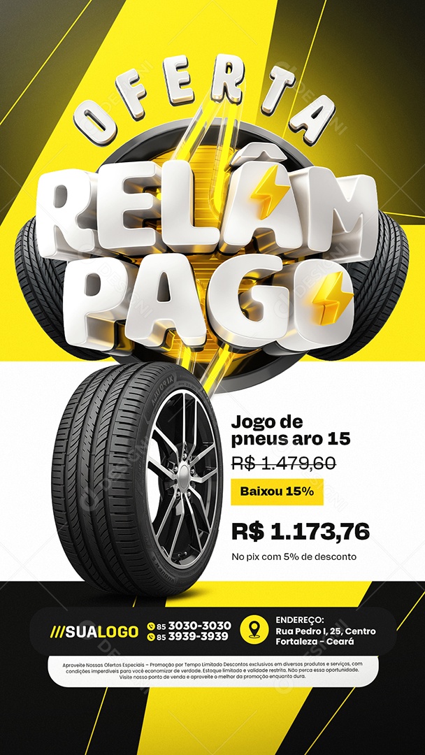 Story Tabloide Loja de Pneus Oferta Relâmpago Jogo de Pneus Aro 15 Social Media PSD Editável