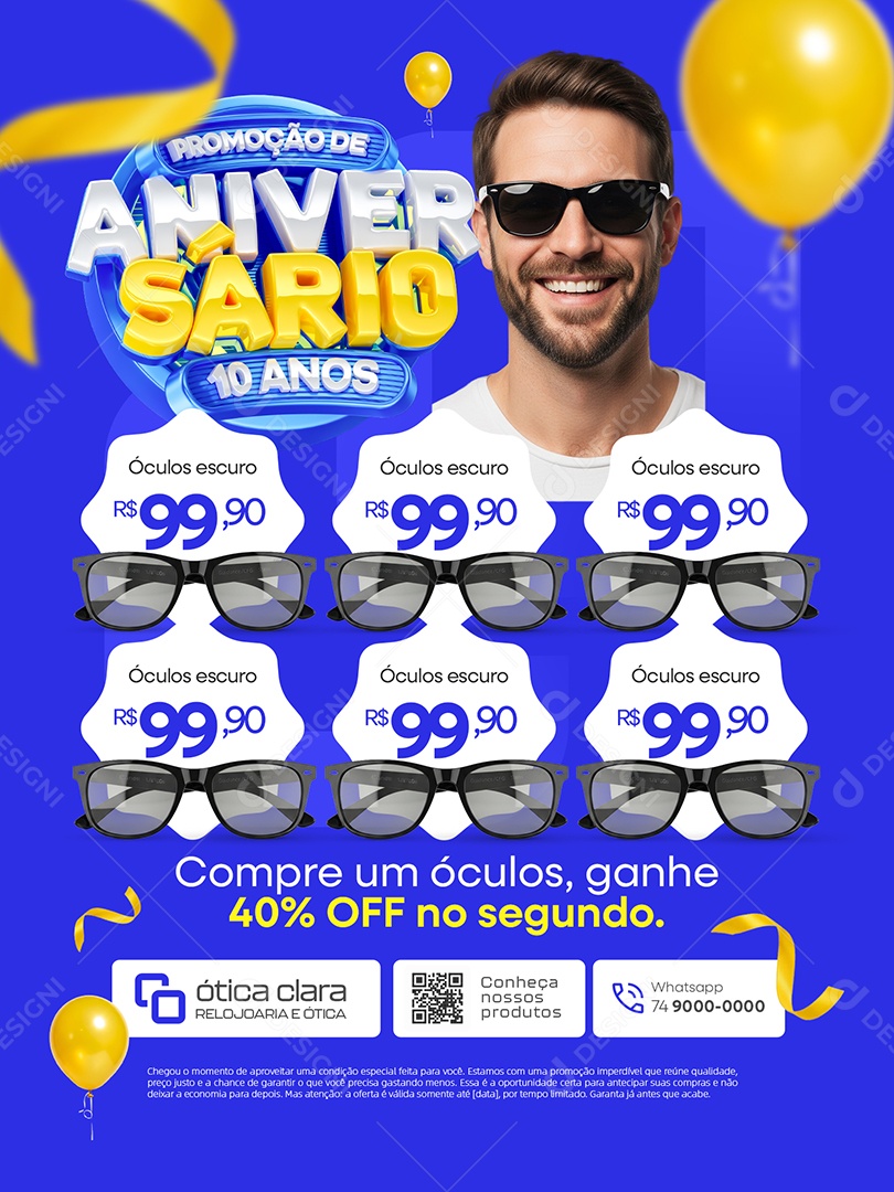 Promoção de Aniversário 10 Anos Encarte Óculos Escuro Social Media PSD Editável