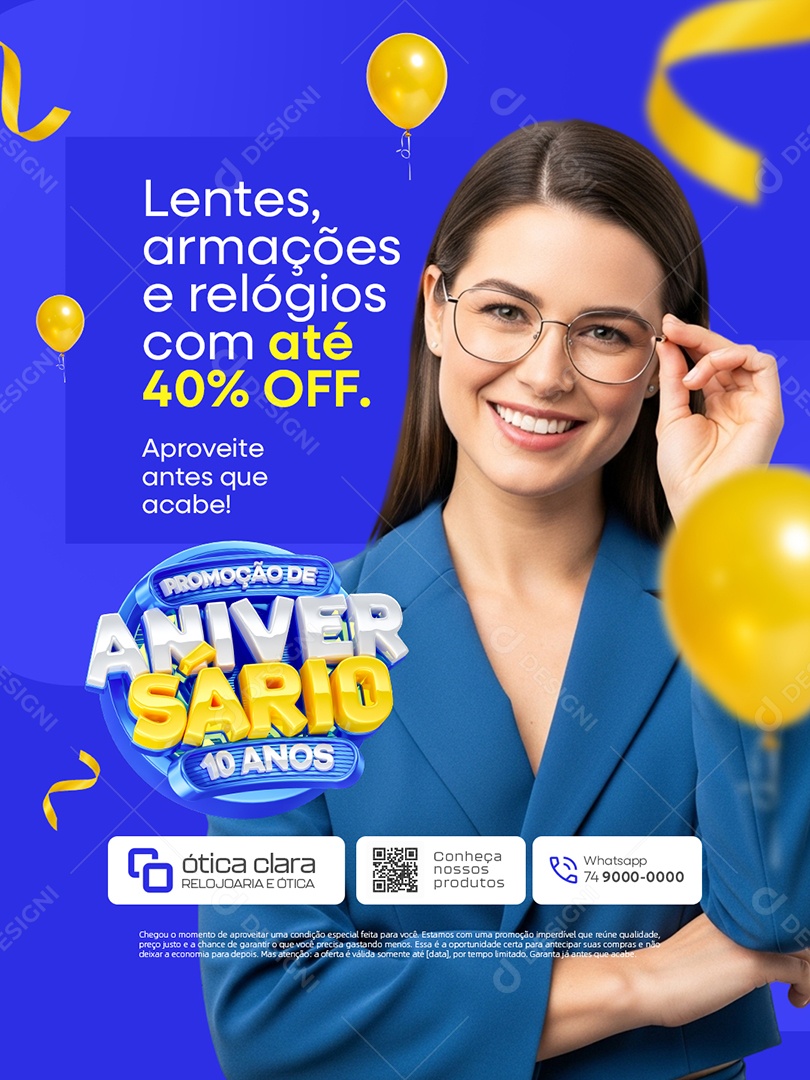 Promoção de Aniversário 10 Anos Lentes Armações e Relógios Social Media PSD Editável