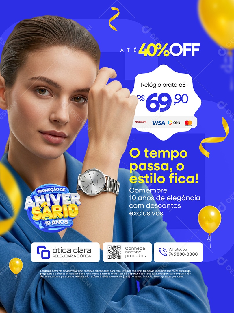 Promoção de Aniversário 10 Anos Relógio Prata Social Media PSD Editável