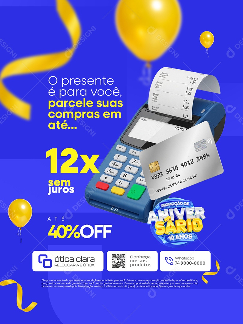 Promoção de Aniversário 10 Anos Ótica Parcele Suas Compras Social Media PSD Editável