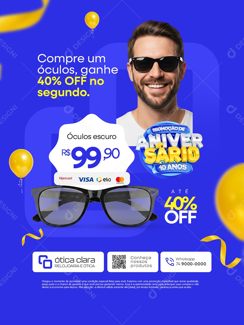 Promoção de Aniversário 10 Anos Ótica Compre um Óculos Social Media PSD Editável