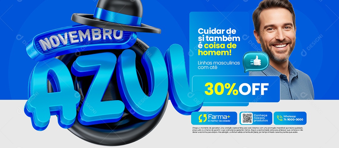 Banner Novembro Azul Farmácia Linhas Masculinas cmo Até 30% Off Social Media PSD Editável