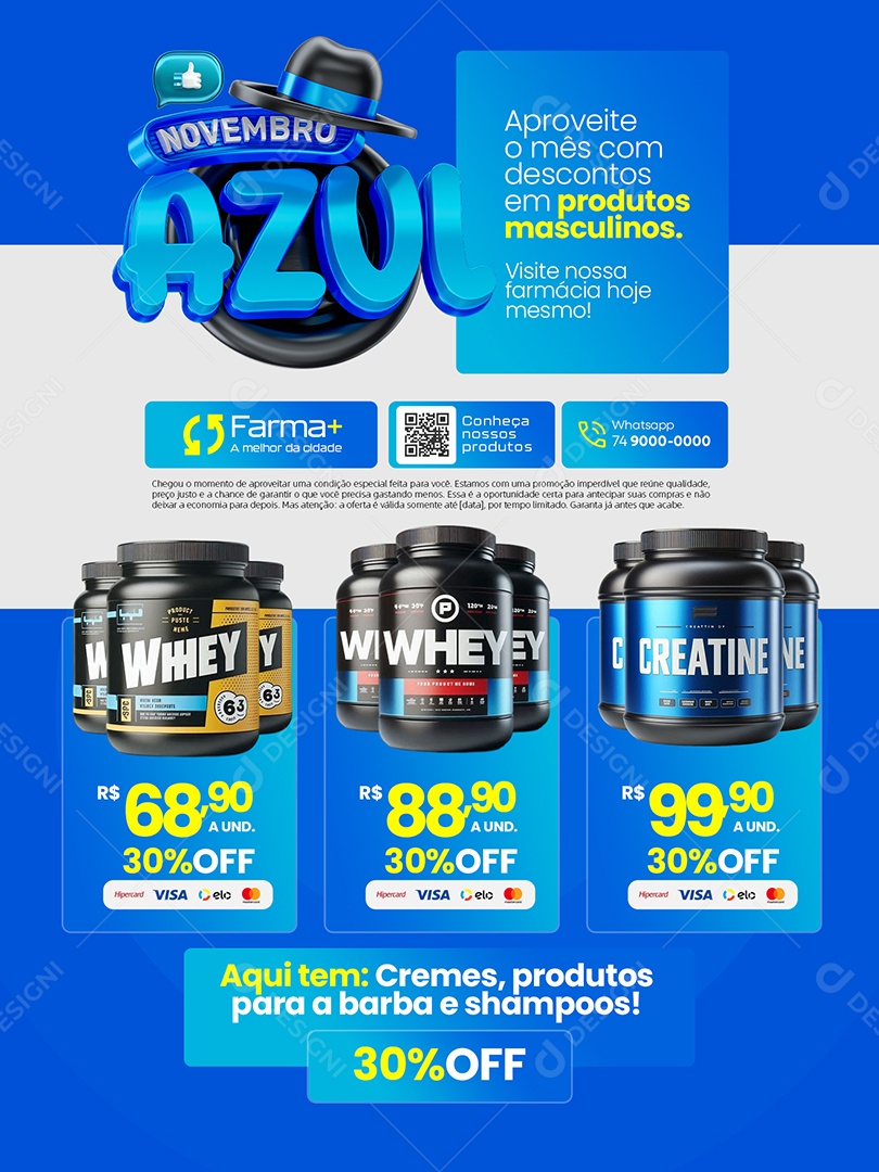 Novembro Azul Farmácia Encarte Aproveite o Mês com Descontos Social Media PSD Editável