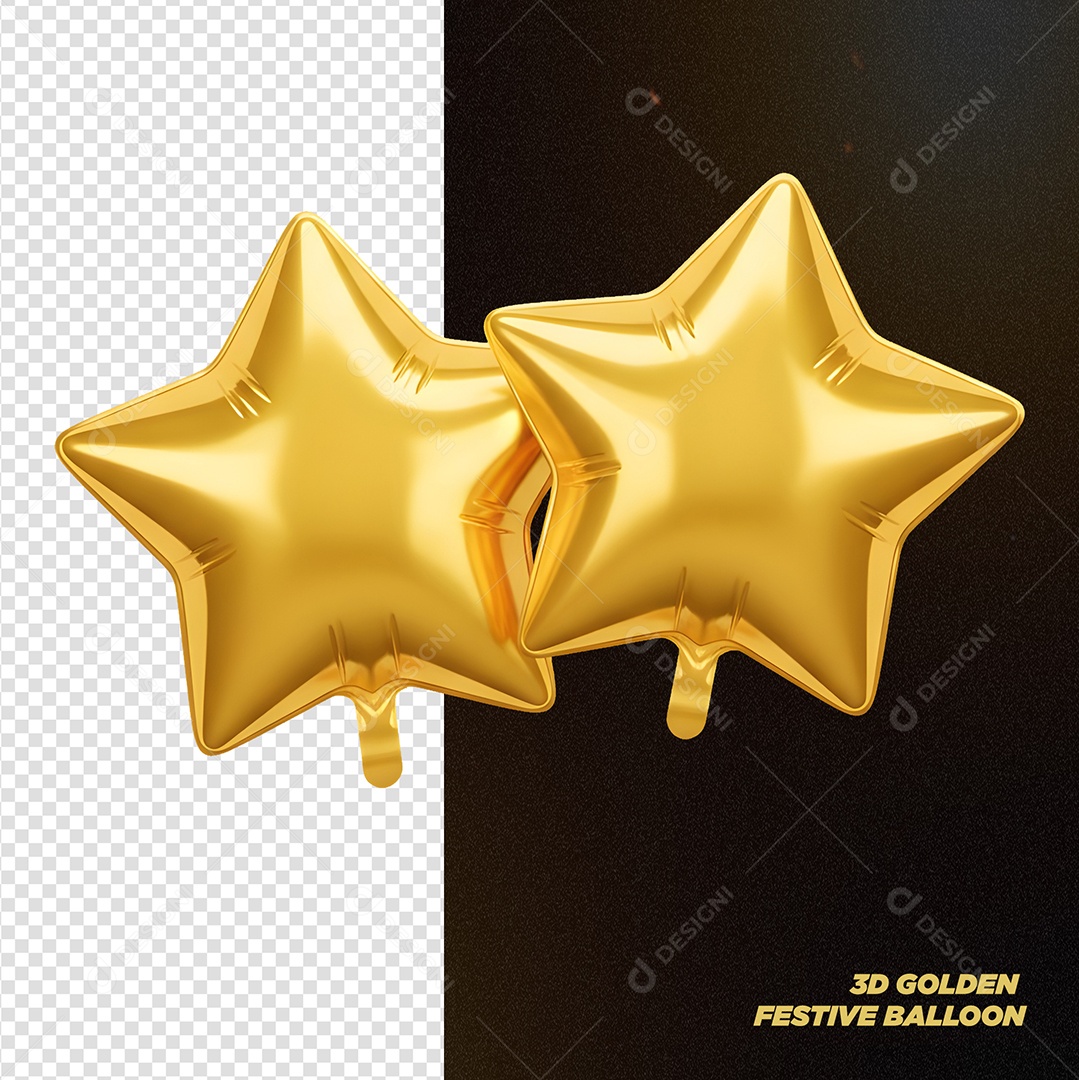 Balão Dourado de Aniversário Estrelas Elemento 3D para Composição PSD
