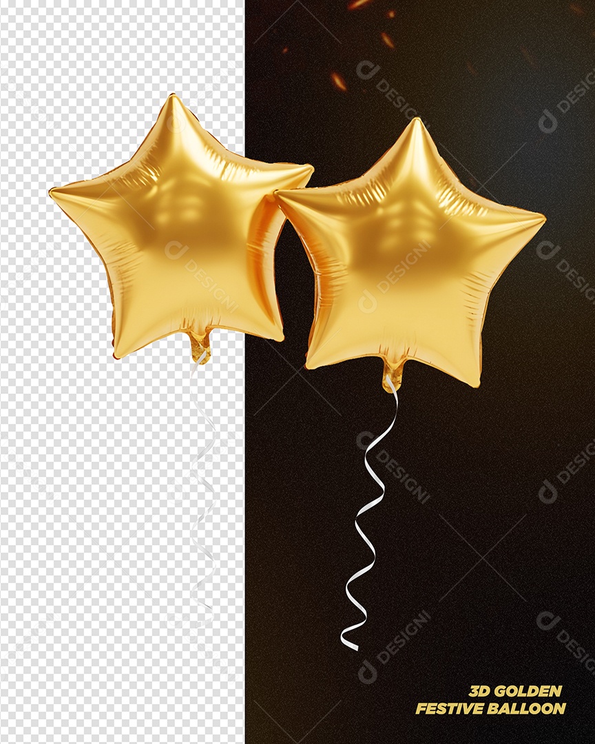 Balão Dourado de Aniversário Estrela Elemento 3D para Composição PSD
