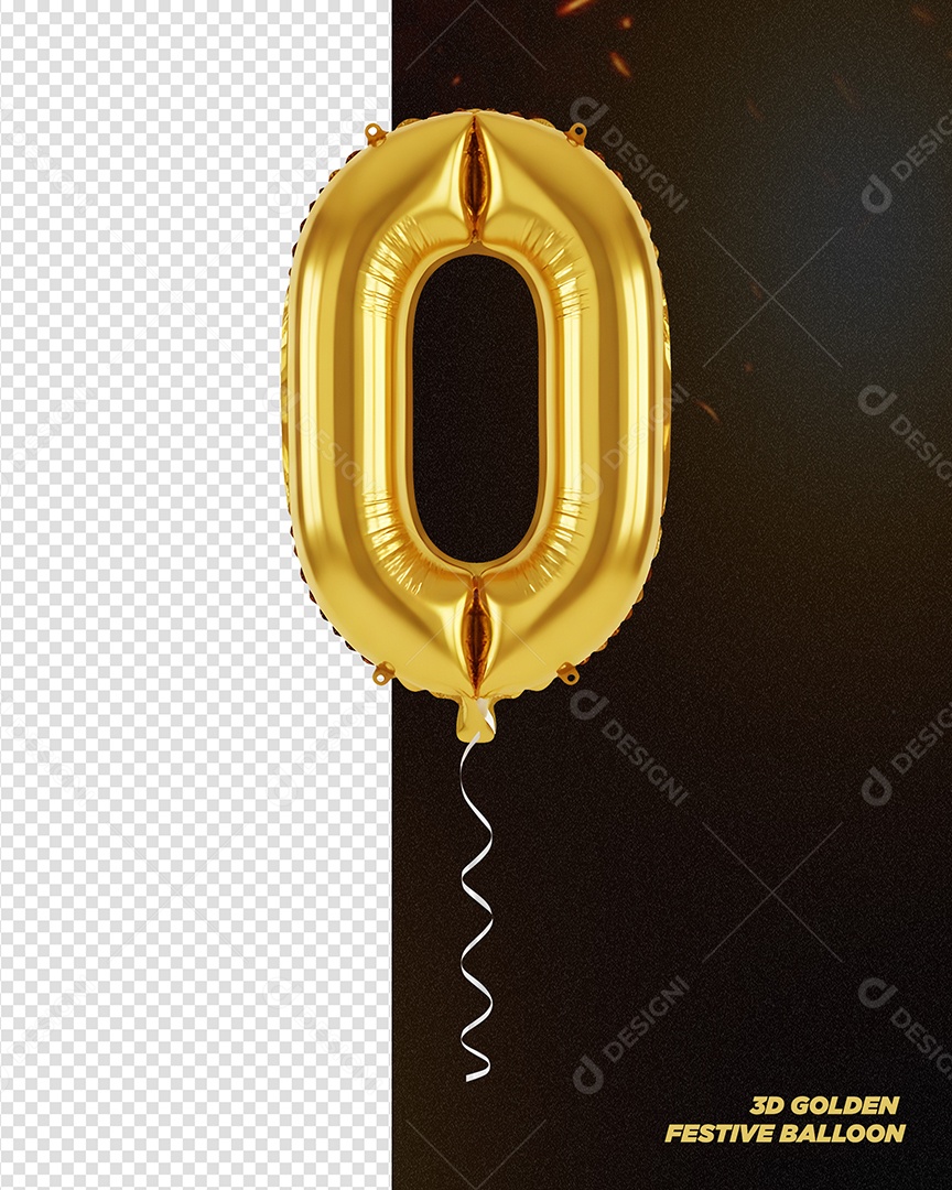 Balão Dourado de Aniversário Número 0 Elemento 3D para Composição PSD
