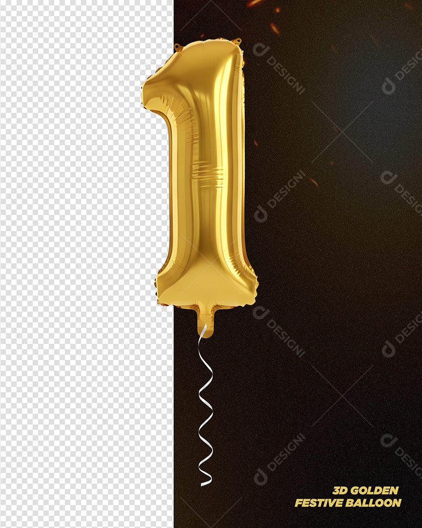 Balão Dourado de Aniversário Número 1 Elemento 3D para Composição PSD