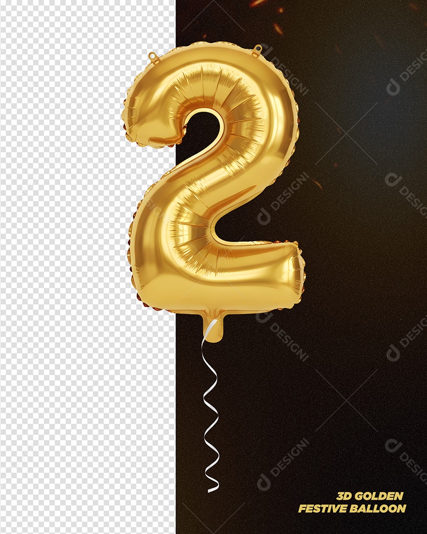 Balão Dourado de Aniversário Número 2 Elemento 3D para Composição PSD