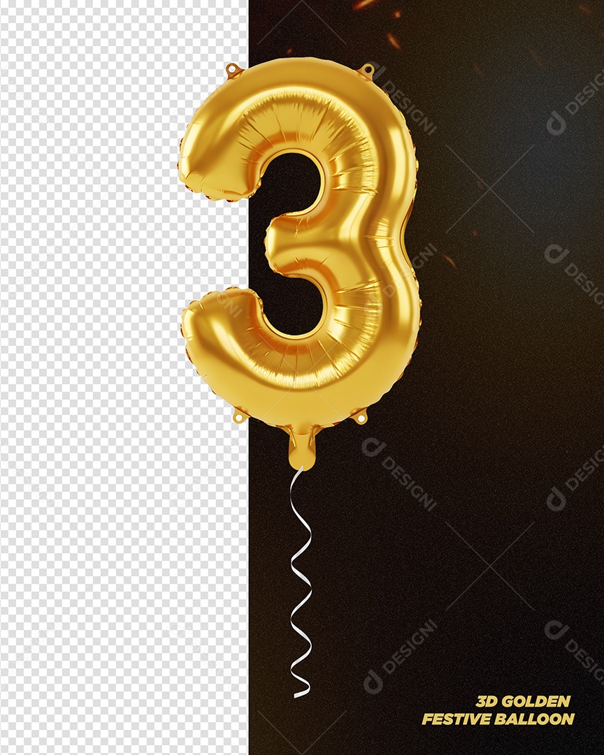Balão Dourado de Aniversário Número 3 Elemento 3D para Composição PSD