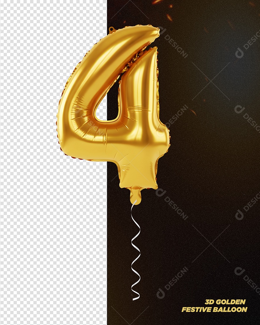 Balão Dourado de Aniversário Número 4 Elemento 3D para Composição PSD