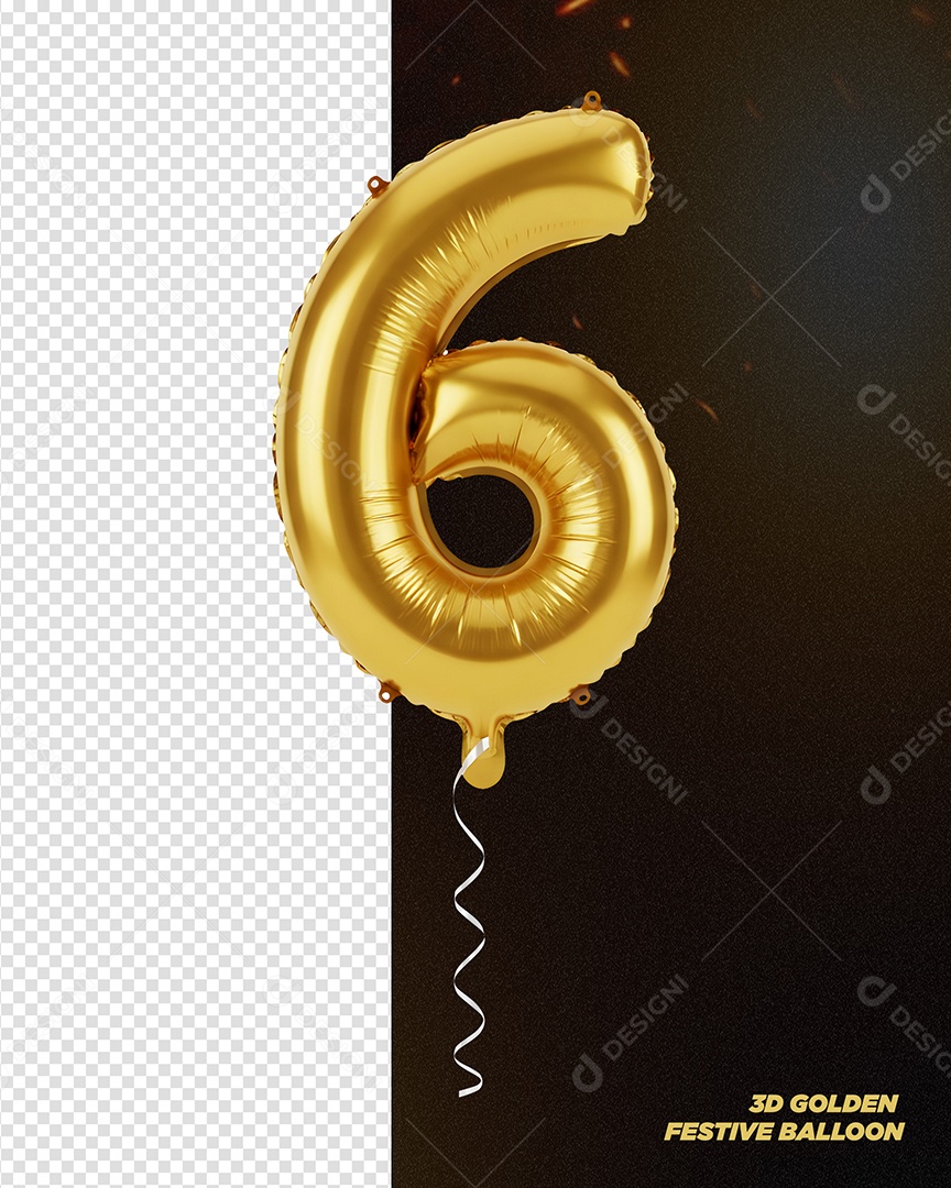 Balão Dourado de Aniversário Número 6 Elemento 3D para Composição PSD