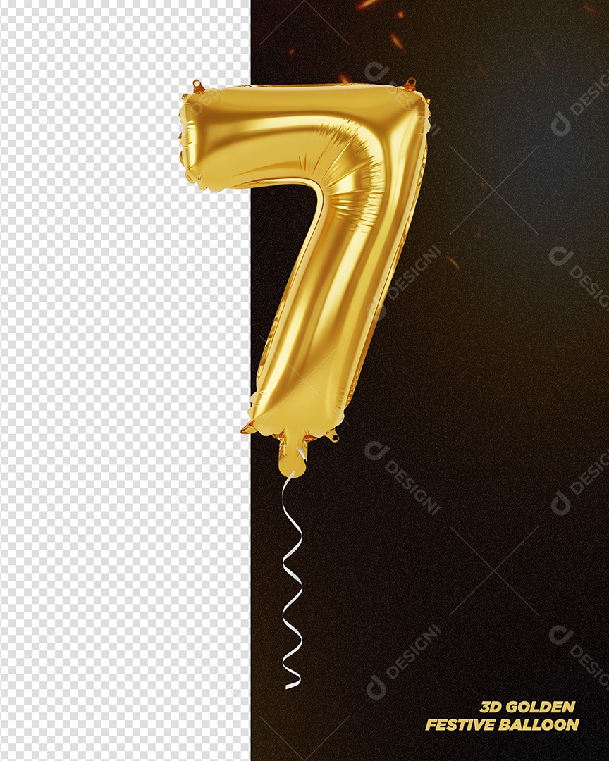 Balão Dourado de Aniversário Número 7 Elemento 3D para Composição PSD