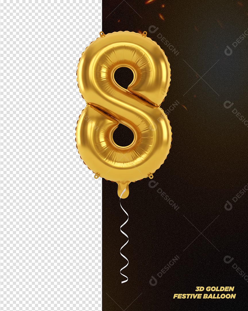 Balão Dourado de Aniversário Número 8 Elemento 3D para Composição PSD