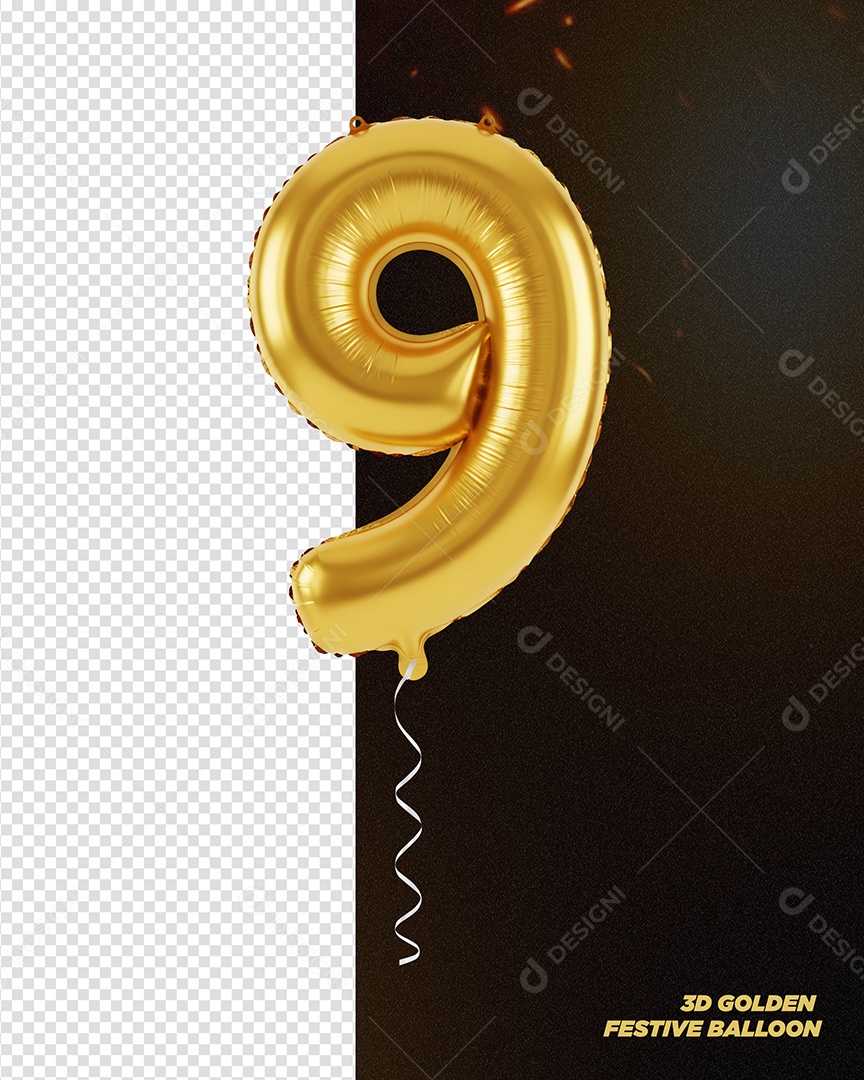 Balão Dourado de Aniversário Número 9 Elemento 3D para Composição PSD