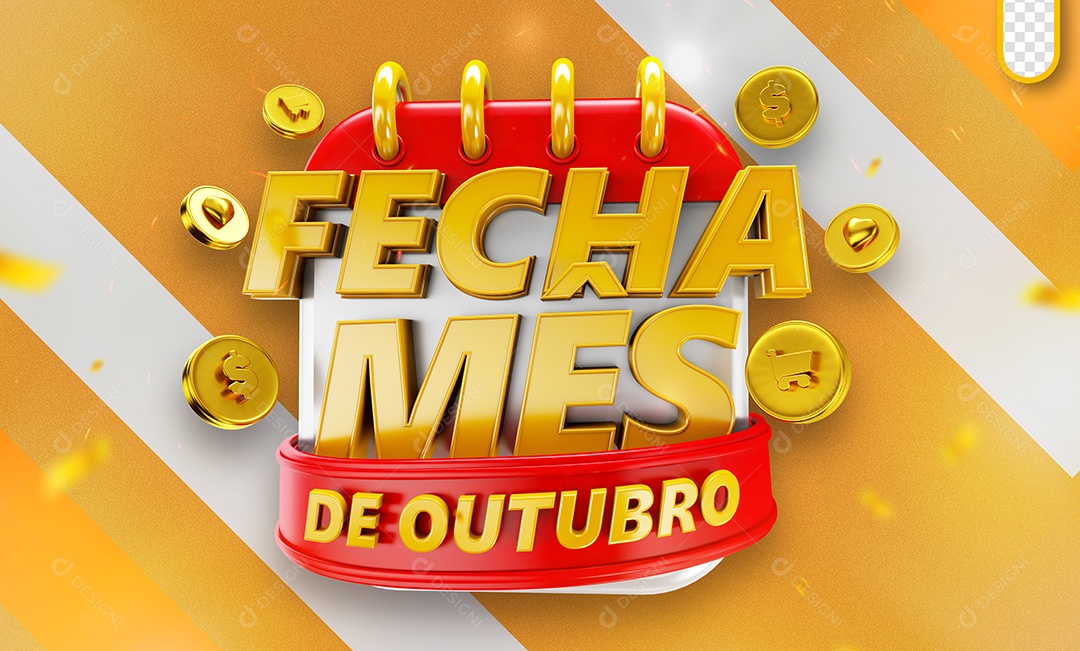 Fecha Mês de Outubro Selo 3D Dourado para Composição PSD