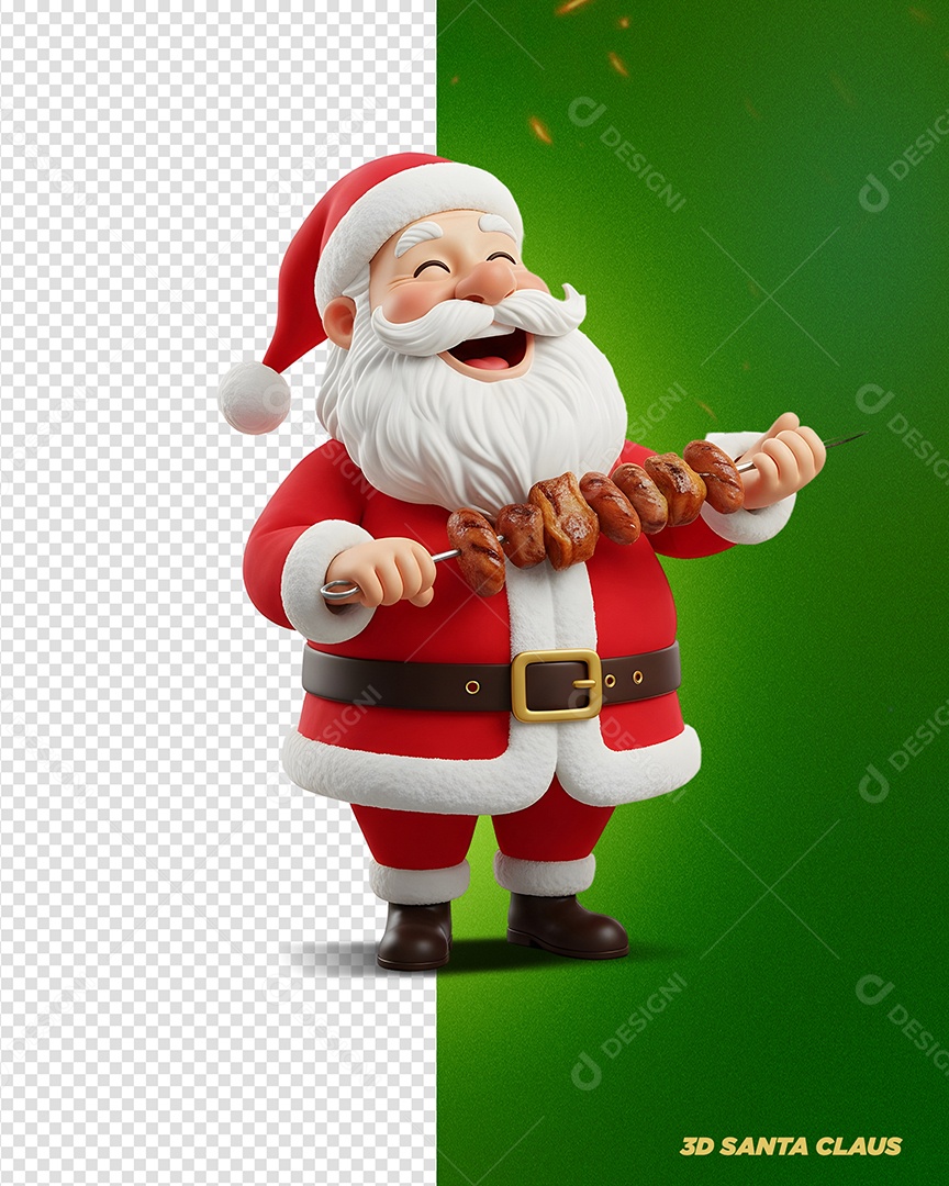 Personagem 3D Papai Noel Segurando Espetinho Para Composição PSD