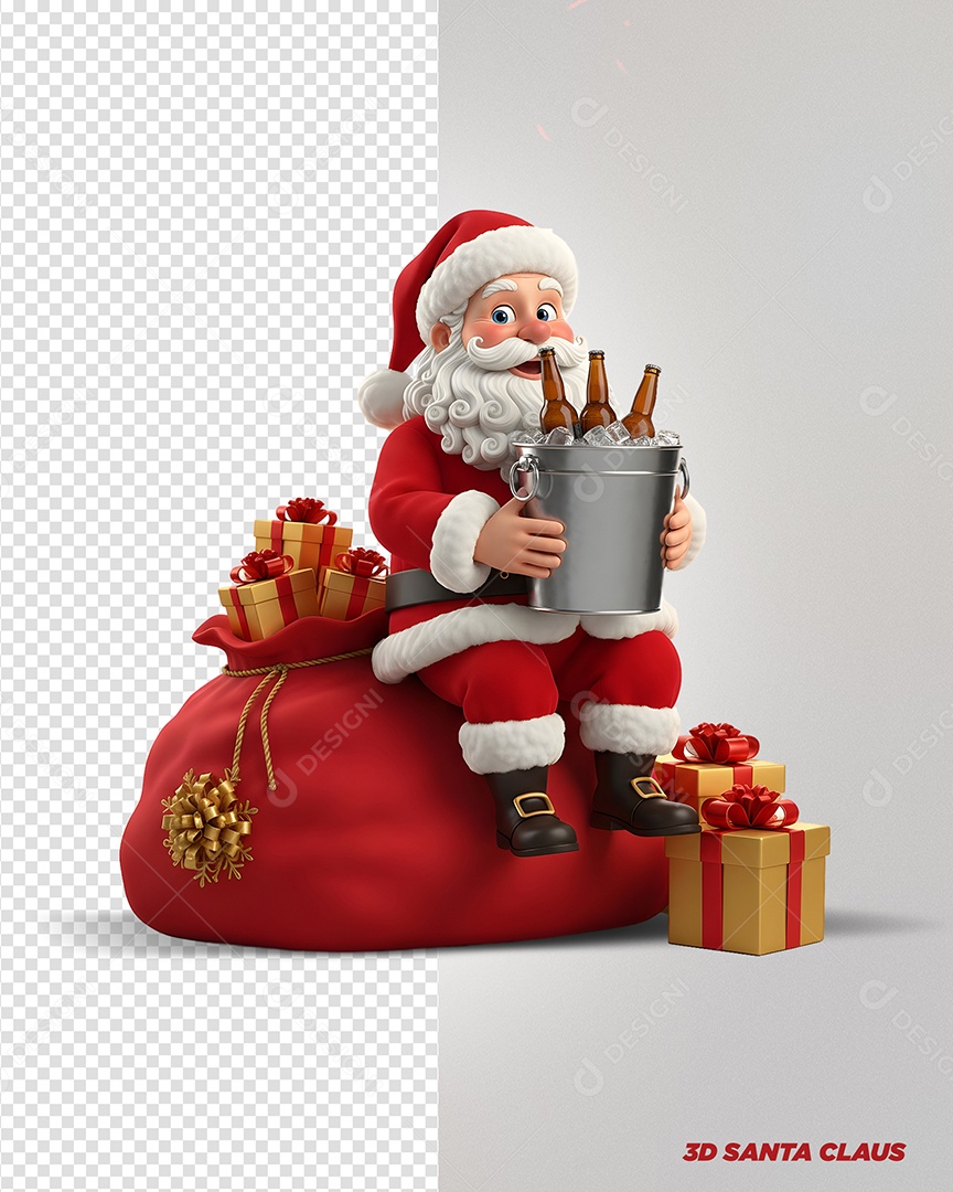 Personagem 3D Papai Noel Segurando Balde de Cerveja Para Composição PSD