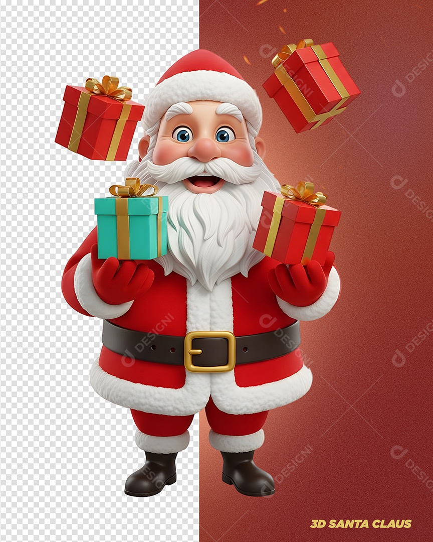 Personagem 3D Papai Segurando Caixas de Presentes Noel Para Composição PSD