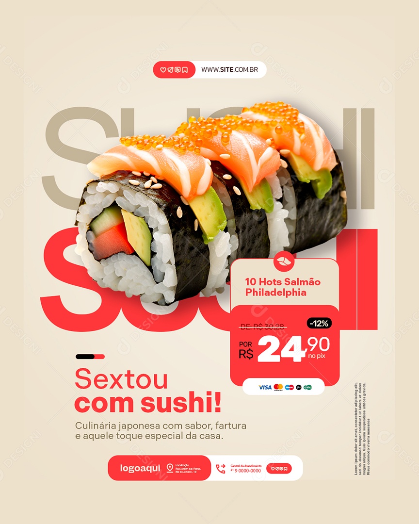 Restaurante Japonês Hots Salmão Sextou com Sushi Social Media PSD Editável