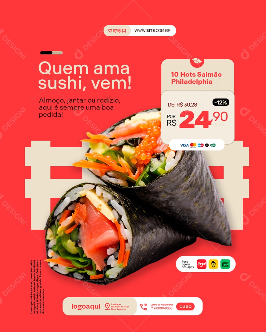 Restaurante Japonês Quem Ama Sushi Hots Salmão Social Media PSD Editável