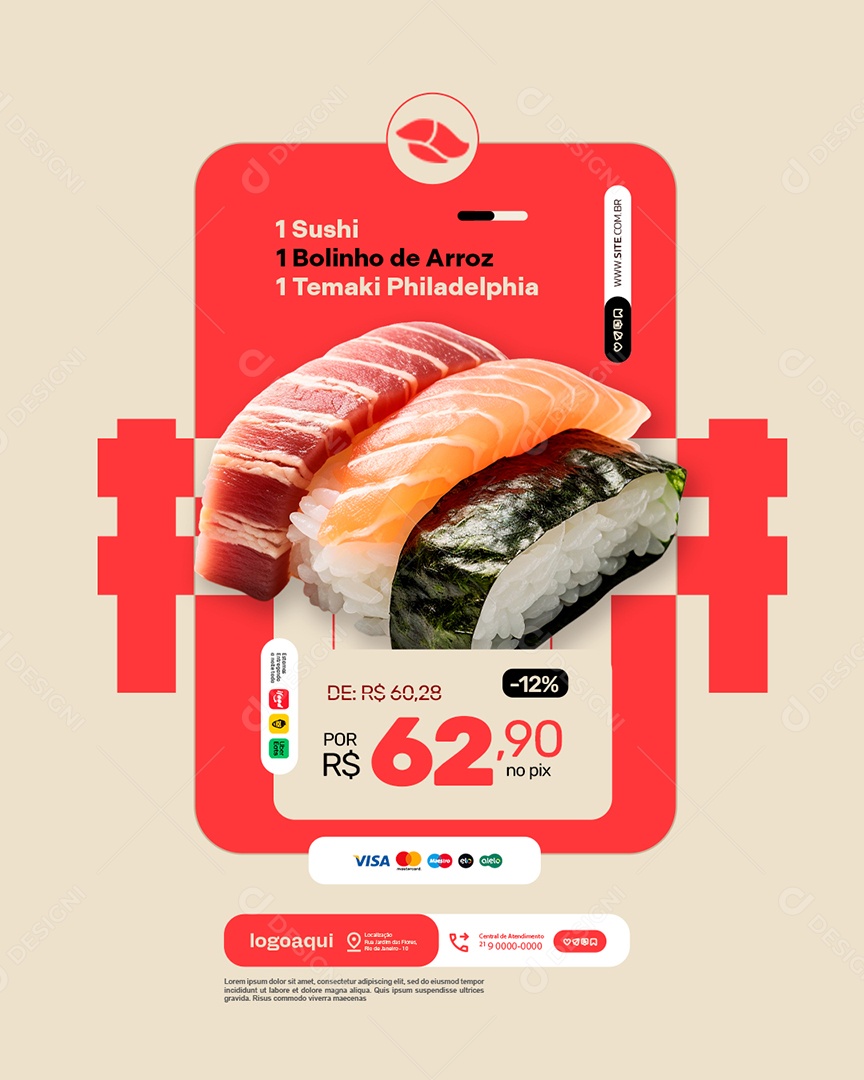 Restaurante Japonês Sushi Bolinho de Arroz Temaki Philadelphia Social Media PSD Editável