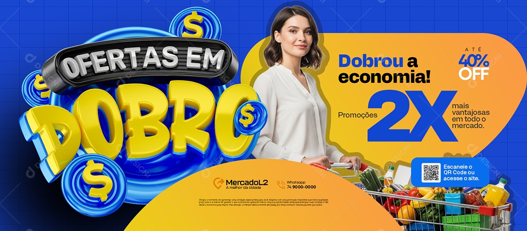 Banner Ofertas em Dobro Supermercado Até 40% Off Social Media PSD Editável