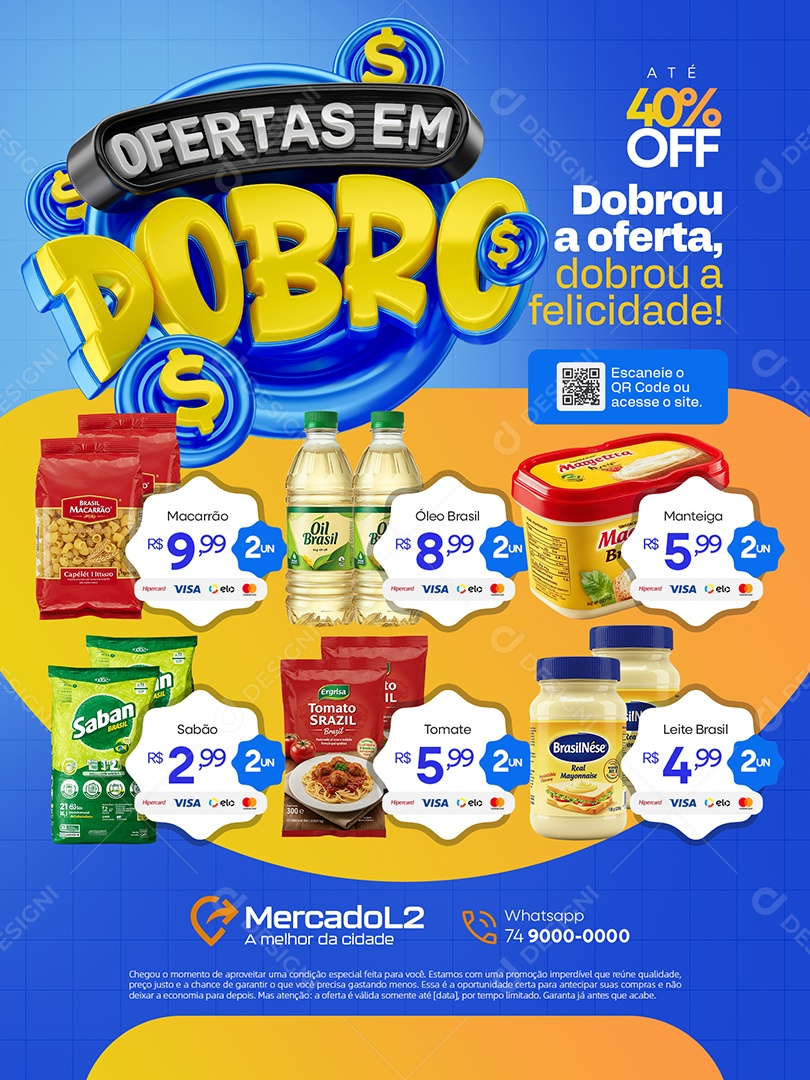 Ofertas em Dobro Supermercado Encarte Até 40% Off Social Media PSD Editável