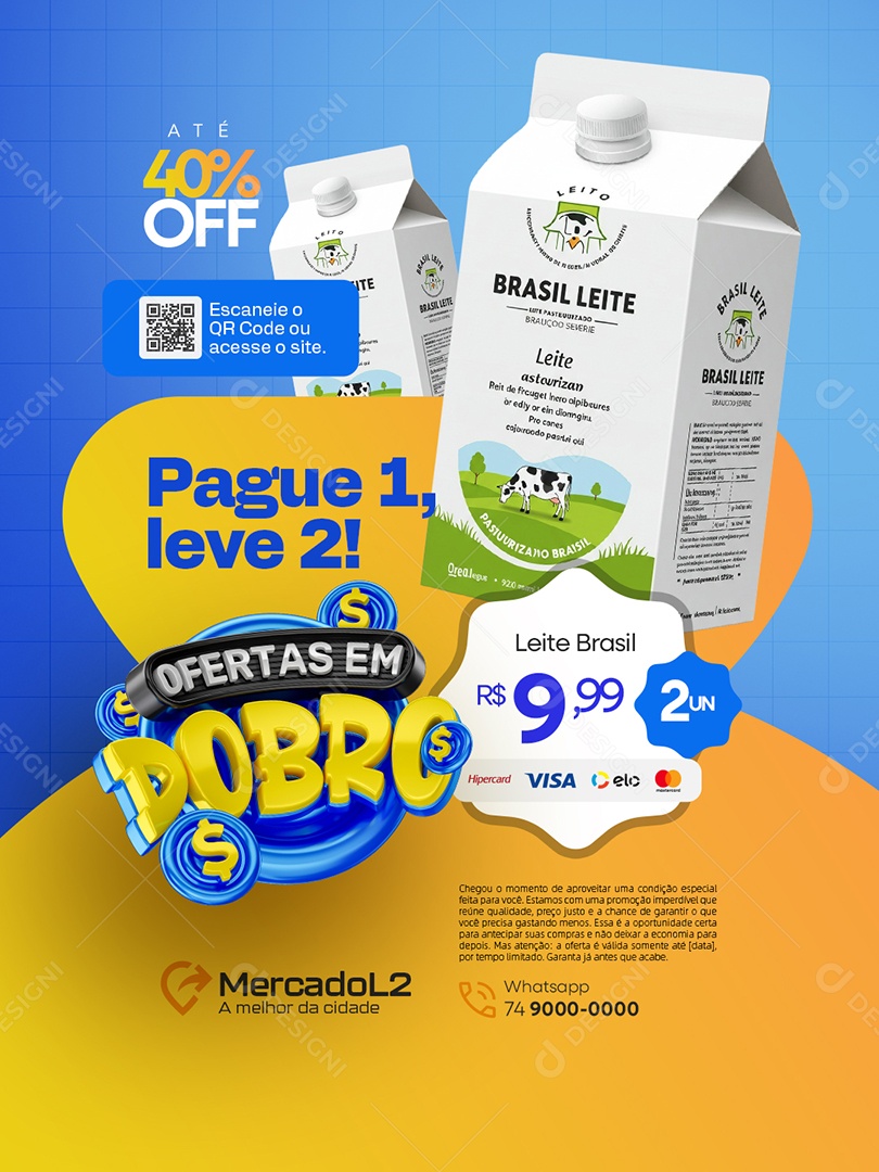Ofertas em Dobro Supermercado Pague Um Leve Duas Social Media PSD Editável