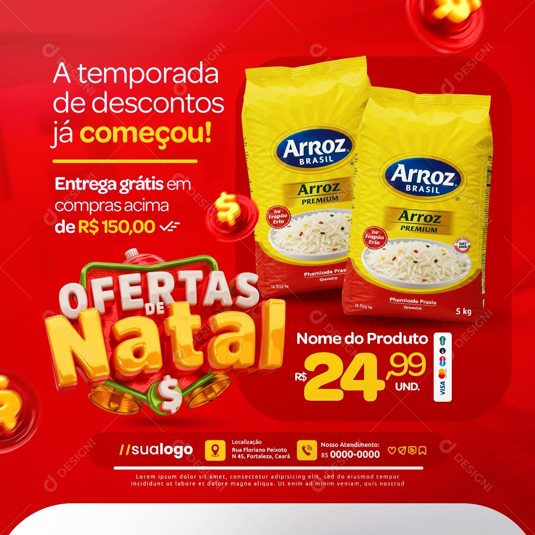 Ofertas de Natal Supermercado Arroz Entrega Grátis Social Media PSD Editável