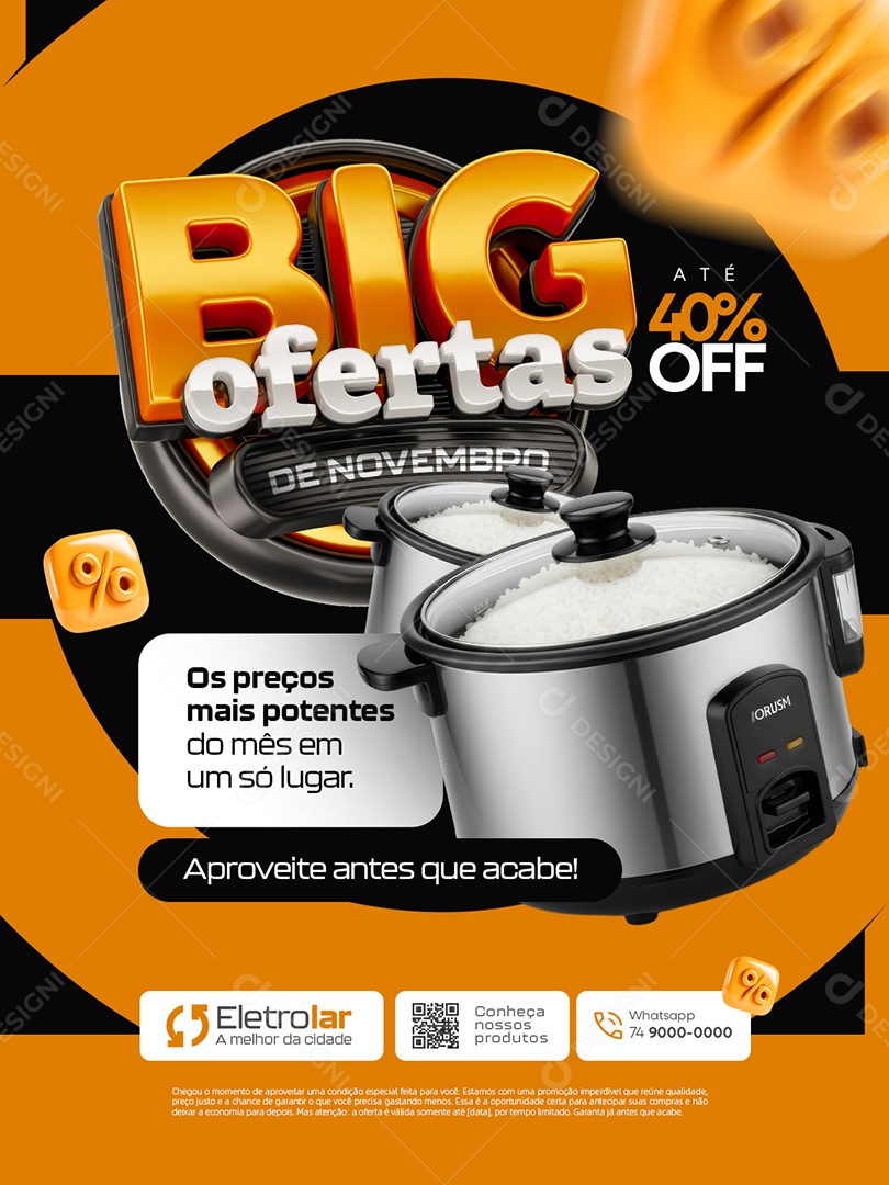 Big Ofertas de Novembro Loja de Eletrodoméstico Até 40% Off Social Media PSD Editável