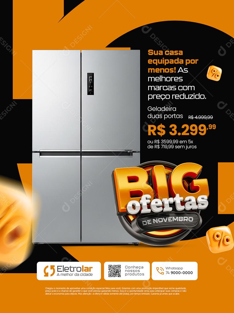 Big Ofertas de Novembro Loja de Eletrodoméstico Geladeira Social Media PSD Editável