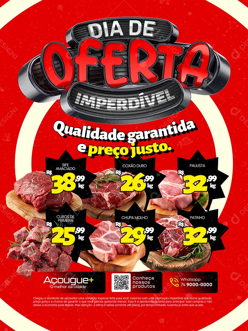 Açougue Dia de Oferta Imperdível Encarte Bife Qualidade Garantida e Preço Justo Carnes Social Media PSD Editável
