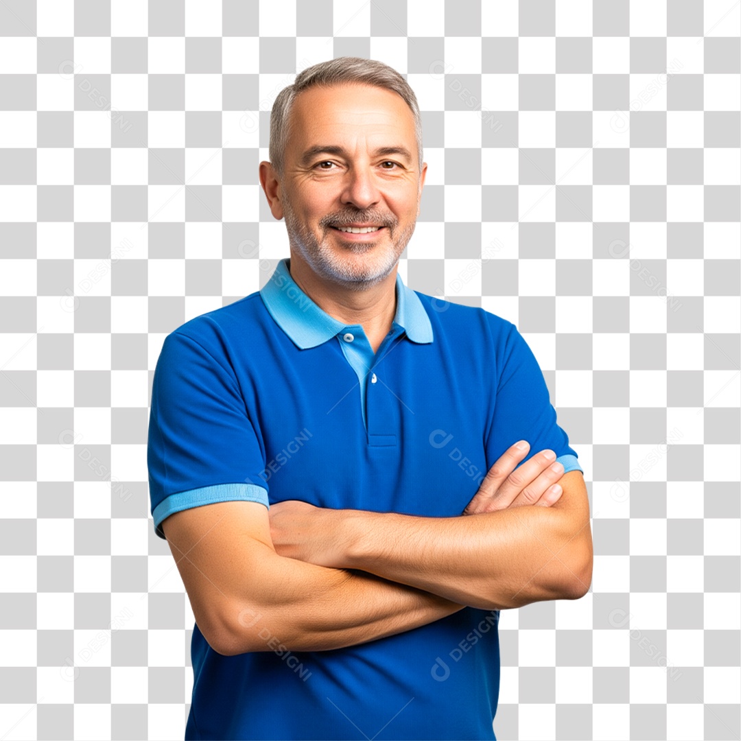 Homem Maduro de Camisa Azul com Braços Cruzados PNG Transparente