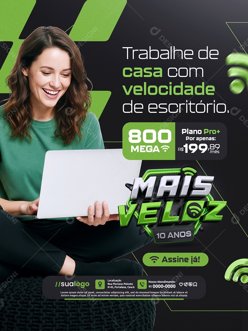 Mais Veloz 10 Anos Provedor de Internet Trabalhe de Casa com Velocidade Social Media PSD Editável