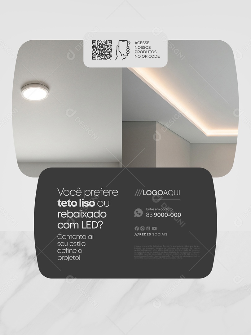 Marmoraria Você Prefere Teto Liso ou Rebaixado com Led Social Media PSD Editável