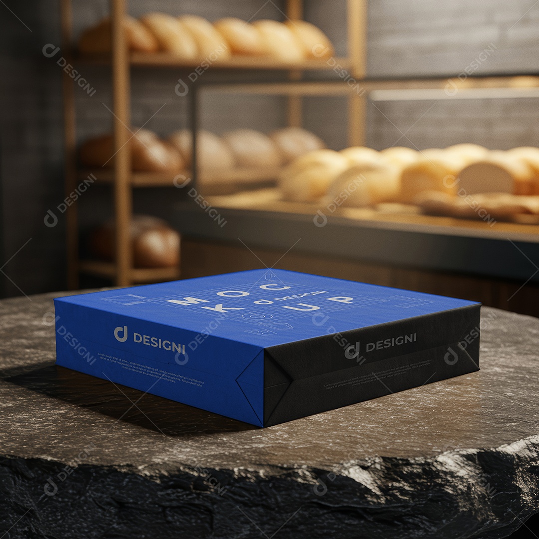 Mockup Caixa Papel Kraft na Padaria PSD Editável