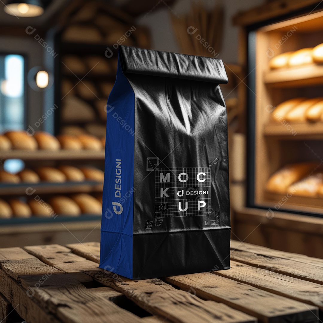 Mockup Embalagem Saco de Papel Kraft na Padaria PSD Editável
