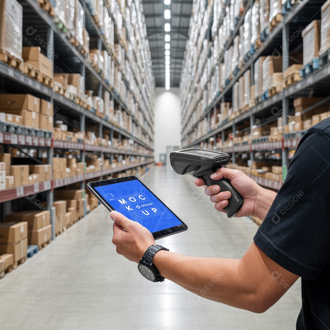 Mockup Leitor de Código de Barras Tablet Armazen PSD Editável