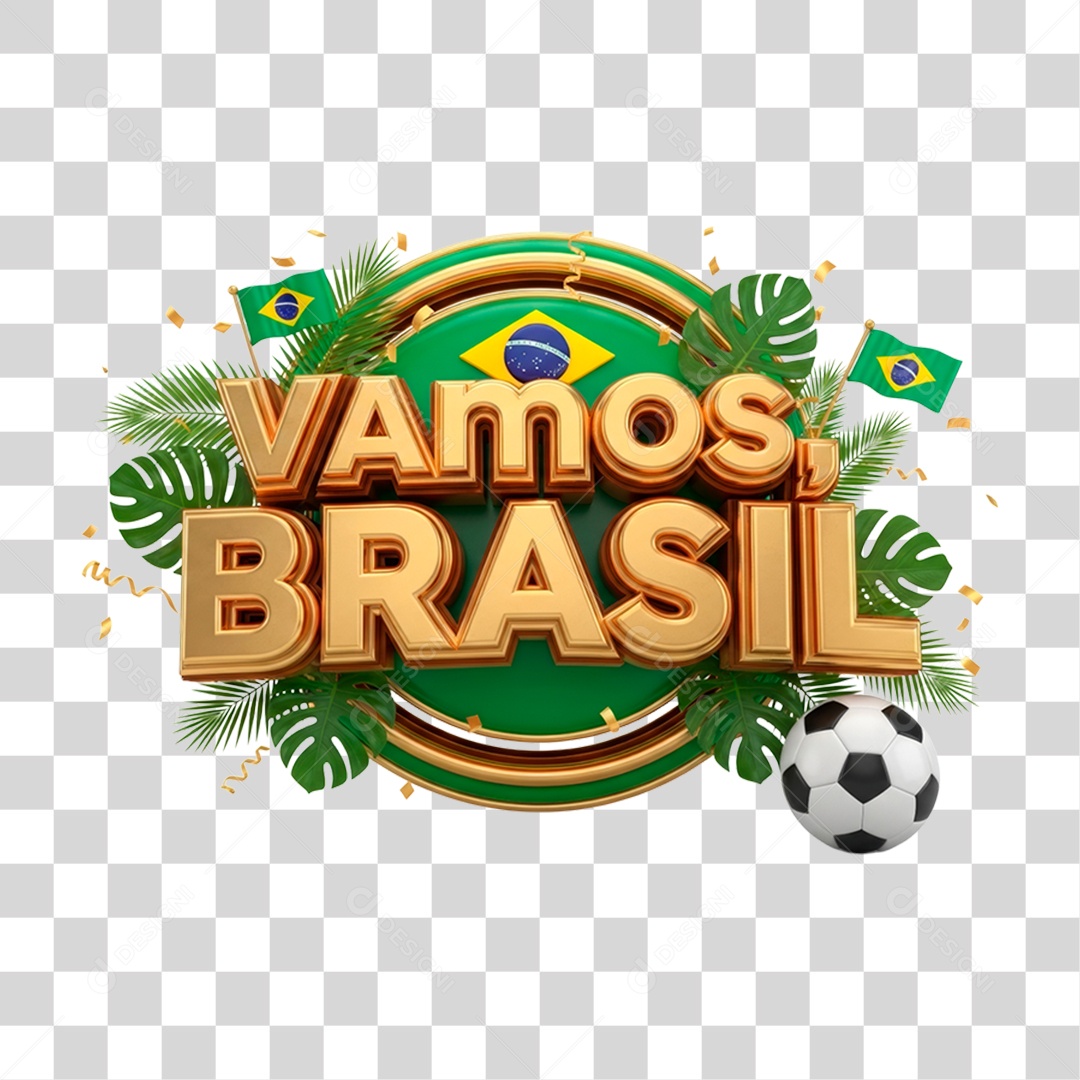 Selo 3D Vamos Brasil para Composição PNG Transparente