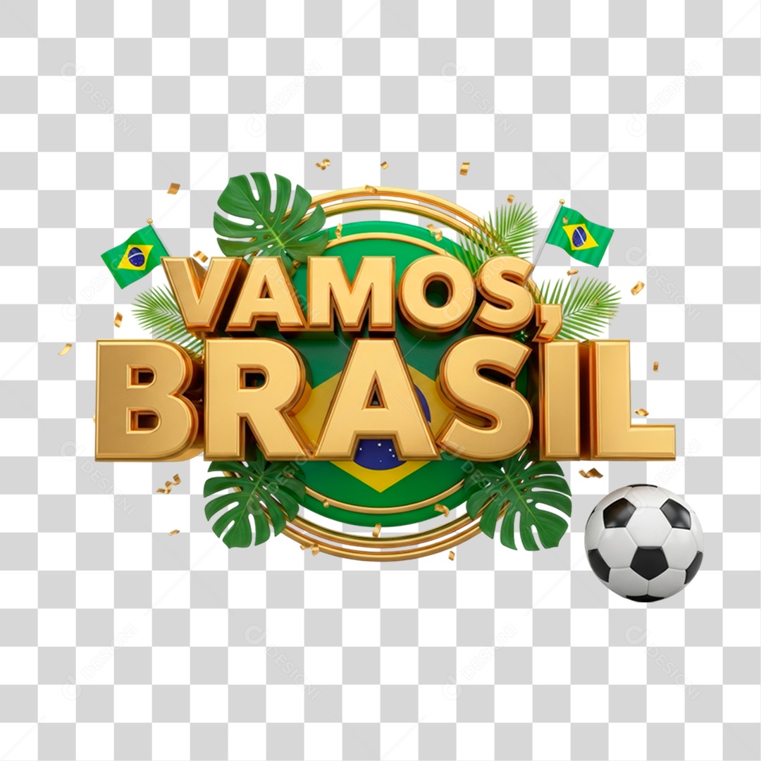 Selo 3D Vamos Brasil para Composição PNG Transparente