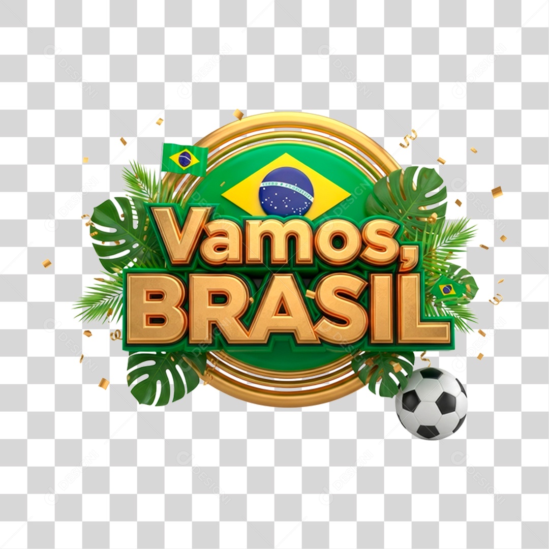 Selo 3D Vamos Brasil para Composição PNG Transparente
