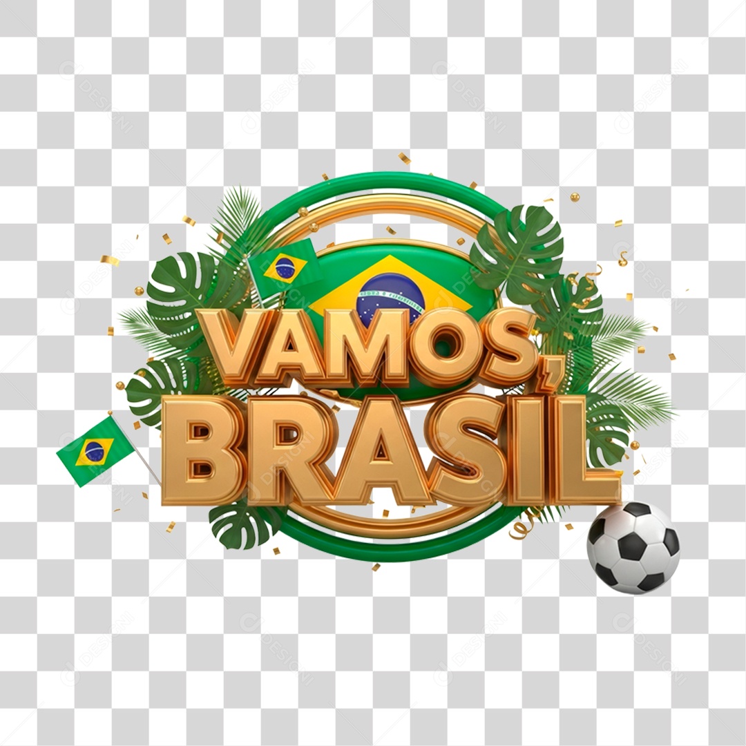 Selo 3D Vamos Brasil para Composição PNG Transparente