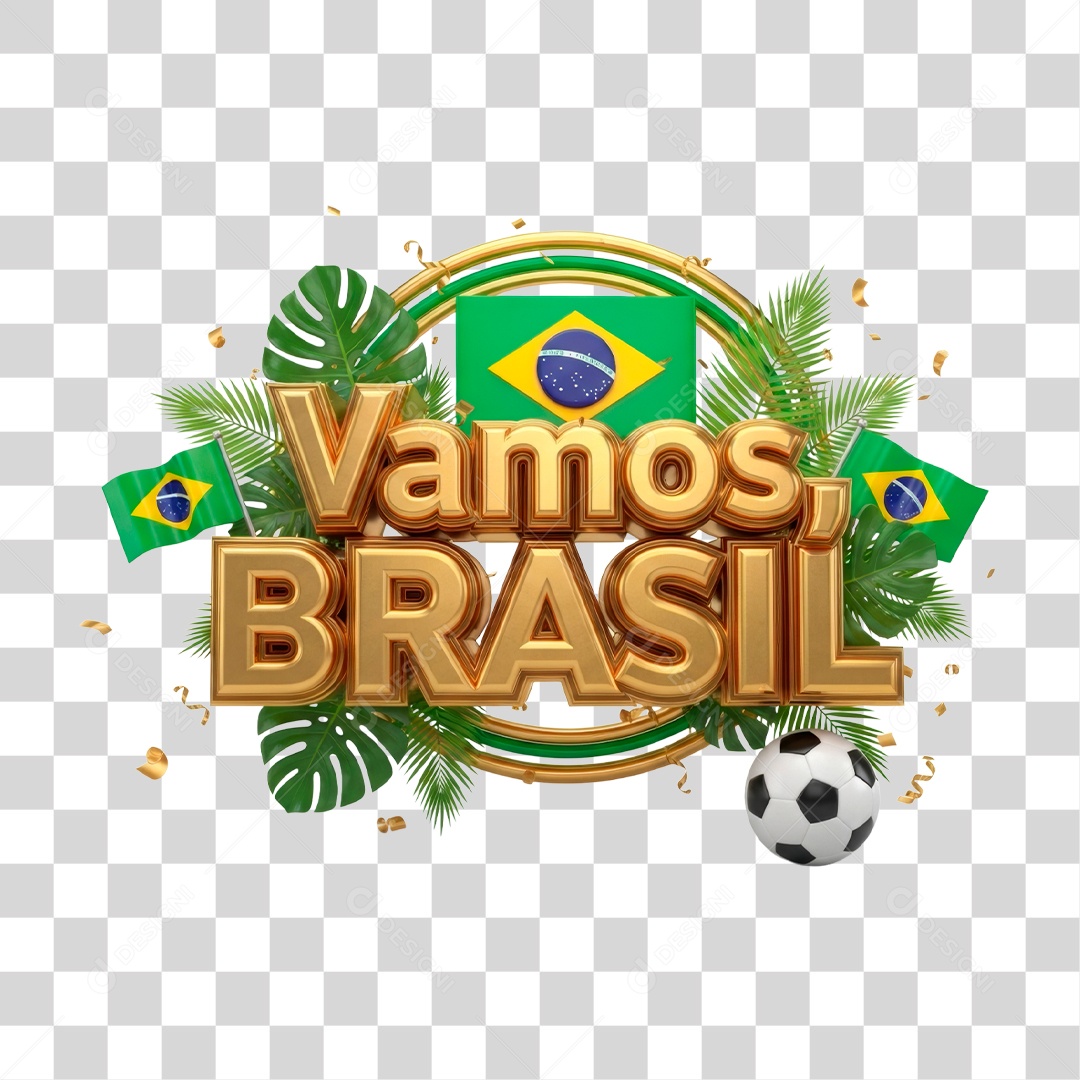 Selo 3D Vamos Brasil para Composição PNG Transparente