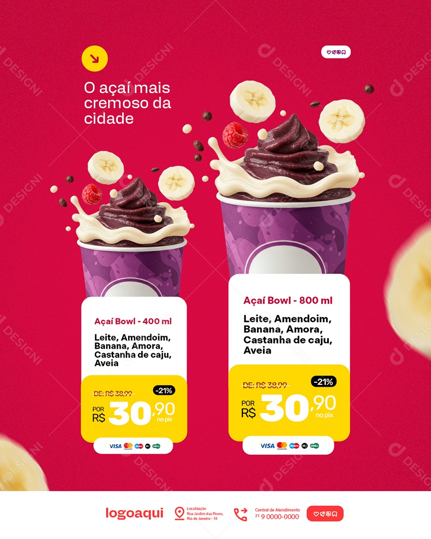 Açaiteria O Açaí Mais Cremoso da Cidade Social Media PSD Editável